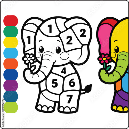 Color by number game activity book for kids, Cute elephant educational game for kindergarten children