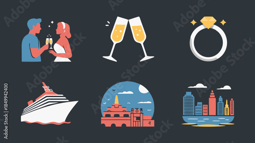 Romantic travel and celebration icons, perfect for luxury vacation designs