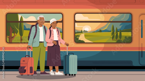 Senior Black couple with luggage on train platform, ready for scenic journey