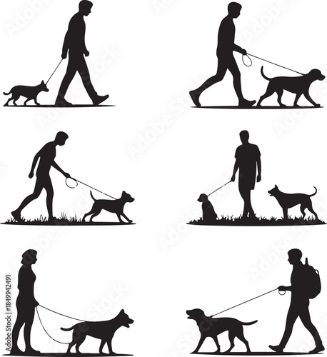 Dog Walking Silhouette Icon Set