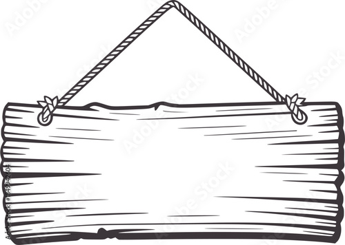 Rustic wooden signboard with rope hanging in monochrome line
