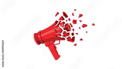 A vibrant red megaphone is dramatically shattering into numerous pieces, symbolizing silenced communication or broken announcements.