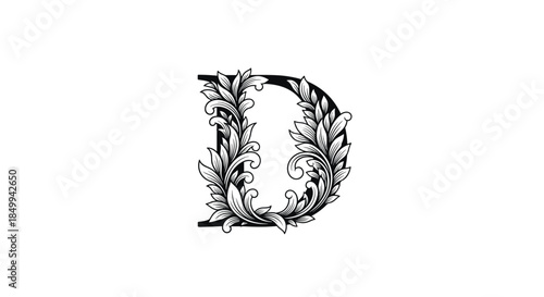 Vintage ornate letter d is decorated with intricate hand-drawn floral engravings and baroque flourishes for classic monogram design projects.