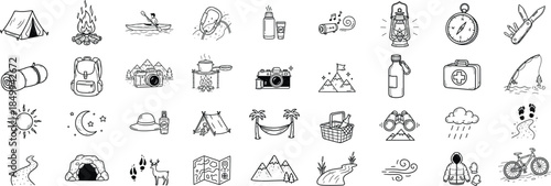 Camping and outdoor doodle icon set, for adventure, travel, hiking, nature, survival, exploration, vacation, summer activities and outdoor lifestyle. Hand drawn vector collection