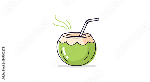 Refreshing green coconut drink illustration features a cut fruit with a bendy straw and steam lines representing a tropical beverage treat.