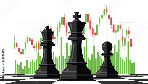 Black chess pieces stand strategically before a dynamic stock market chart, symbolizing financial strategy and risk management.