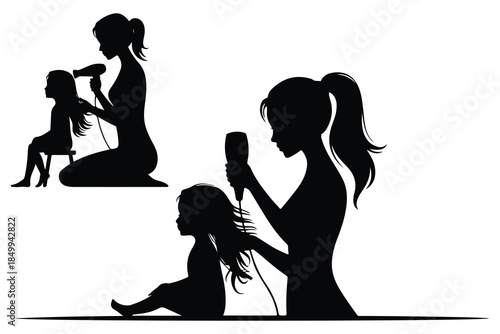Silhouettes of women styling hair with hairdryers and brushes