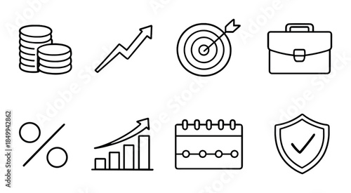 Business success icons set featuring growth, target, and finance symbols on black background