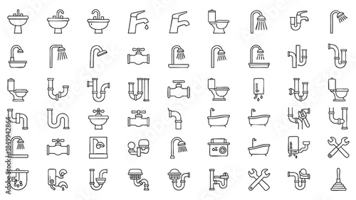 A comprehensive collection of modern plumbing and bathroom fixture outline icons for home renovation and water system design isolated on transparent background