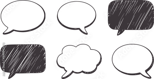 Six empty black speech bubbles outline and shaded conversation