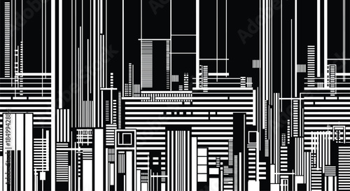 Abstract black and white geometric pattern creates a dense urban city skyline with vertical and horizontal lines in a minimalist style.