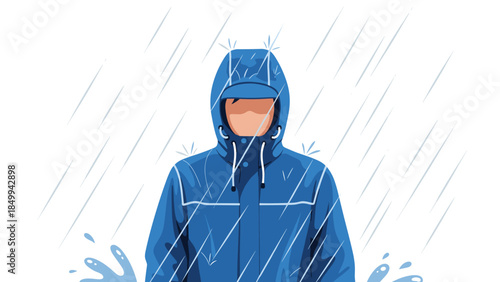 Person wearing a blue hooded raincoat stands in heavy rainfall, facing forward with water splashing around them.
