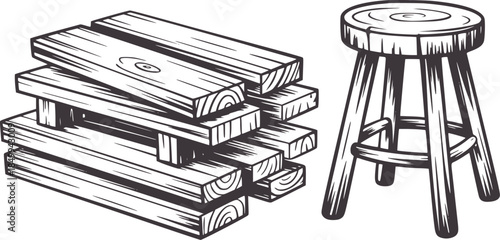 Stack of wooden planks and rustic stool in monochrome