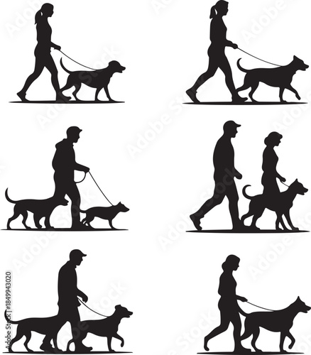 Dog Walking Silhouette Icon Set