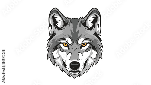 Detailed illustration of a wolf's head with intense golden eyes and gray fur, showcasing a wild and powerful animal portrait.