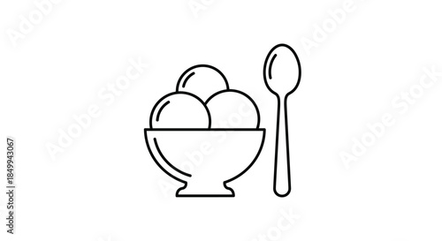 Delicious ice cream bowl icon features three scoops of frozen dessert and a spoon in a clean black line art style for food menu design.