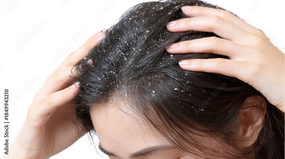 Naklejka premium Close up image of a woman scratching her head, dealing with dandruff and irritation, highlighting a common hair issue against a transparent background