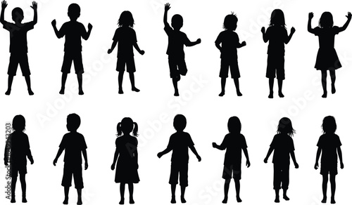 Children silhouettes set showing playful kids activities, happy childhood poses, boys and girls standing and jumping isolated on white background