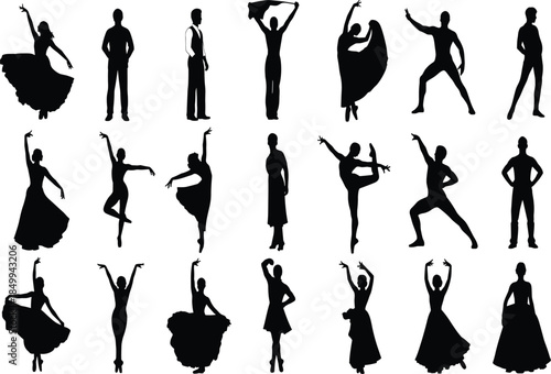 Collection of dance silhouettes featuring male and female dancers in elegant poses, isolated black figures for ballet, flamenco and performance design