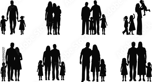Collection of family silhouettes with parents and children, happy household figures standing together, isolated black people icons for lifestyle design