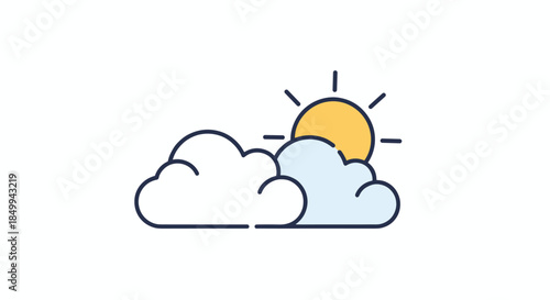 Partly cloudy weather icon features a bright yellow sun peeking out from behind two fluffy white clouds in a simple line art design.