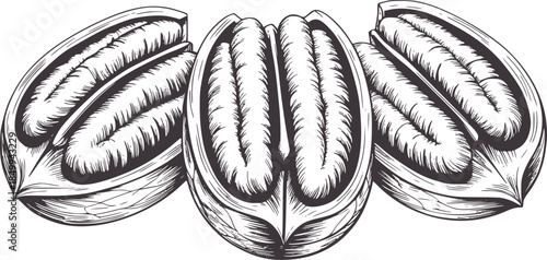 Three cracked pecan nutshells showing detailed texture in black and white line