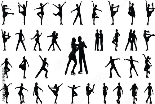 Dance silhouette collection showing male and female dancers performing ballet jazz and modern movements isolated on white background