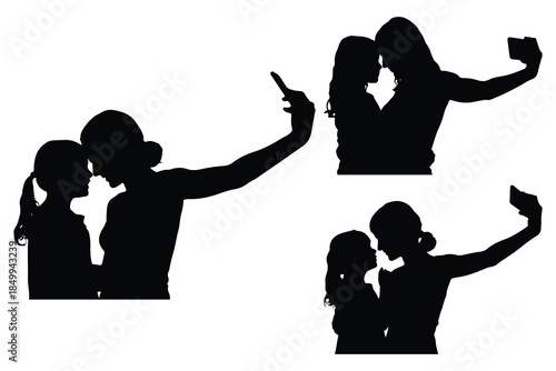 Four Women Taking Selfies Silhouette black and white