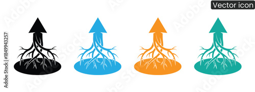Vibrant vector icons depicting growing arrows with roots in black, blue, orange, and teal, symbolizing growth and success