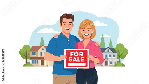 Happy couple proudly displays a for sale sign in front of their suburban home, representing real estate and homeownership.