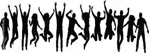 Silhouettes of jumping people celebrating together, happy crowd group expressing joy, freedom and success, isolated black figures for design use