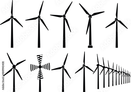 Wind turbine silhouette collection showing renewable energy power generation concepts isolated on white background for sustainability clean electricity design