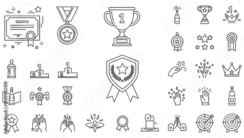 Award achievement and success celebration icon set featuring trophies medals and certificates in black line art style for winners