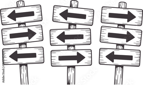 Three wooden directional signposts with multiple black arrows in different orientations