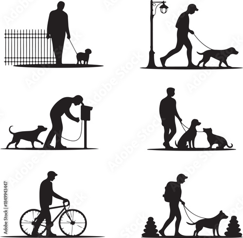 Dog Walking Silhouette Icon Set