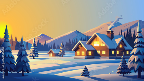 Landscape, winter, snow panorama, , houses, sky, scenery, frost, freshness, relaxation, snow, mountain, cold, mountains, forest, ice, night, sunset, sunrise, Alaska