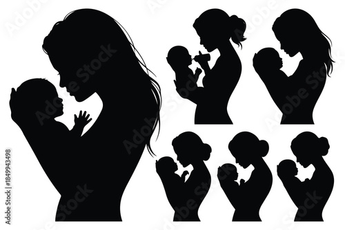 Black silhouettes of mothers holding children in various poses