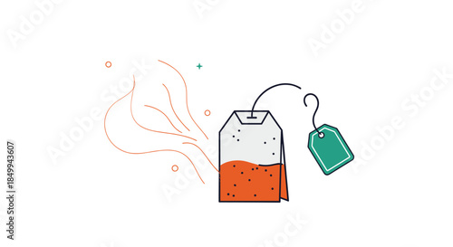 Hot tea bag illustration features a teabag steeping in water with rising steam lines and a green tag representing a relaxing hot drink.