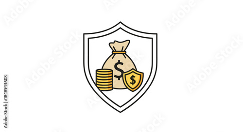 Wealth protection and savings concept features a money bag and stacks of gold coins inside a large protective shield for financial safety.