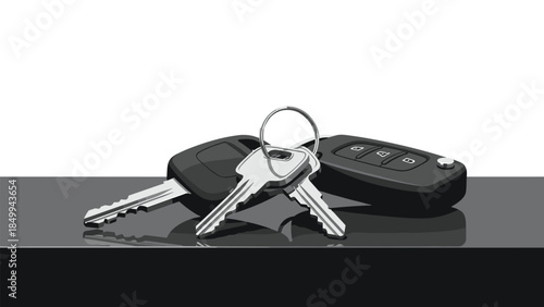 Modern car keys with a key fob and traditional keys rest on a reflective surface, symbolizing access and transportation.
