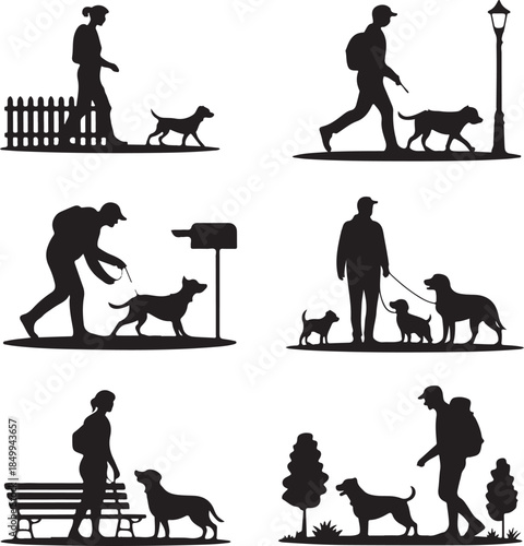 Dog Walking Silhouette Icon Set