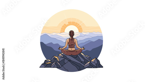 Woman practices mindful meditation in lotus position atop a rocky peak, bathed in the warm glow of a sunrise over layered mountains.
