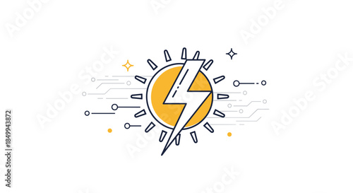 Solar energy power and technology icon featuring a sun with a lightning bolt symbol and electronic circuit line elements.