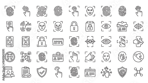 Comprehensive collection of biometric security icons featuring fingerprint face and iris recognition for modern digital identity authentication solutions