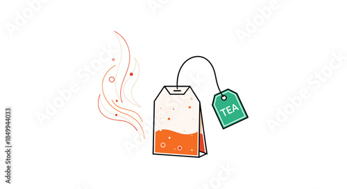 Hot tea bag illustration with steam and a green tea tag depicting a cozy beverage preparation for relaxation and health.