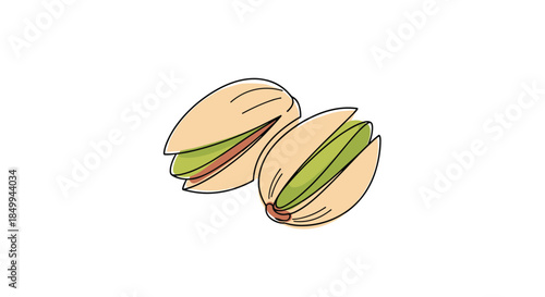 Pair of open pistachio nuts showing green kernels inside beige shells for healthy snack and food ingredient illustration.