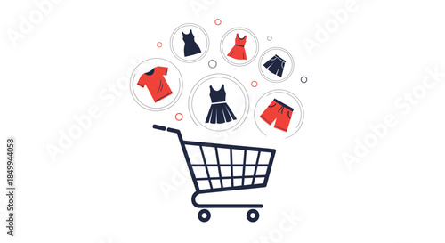 Online fashion shopping concept showing a shopping cart filled with various icons of dresses, shirts, and shorts in bubbles.