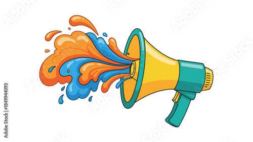 Colorful illustration depicts a megaphone blasting vibrant orange and blue liquid, symbolizing announcement or promotion.