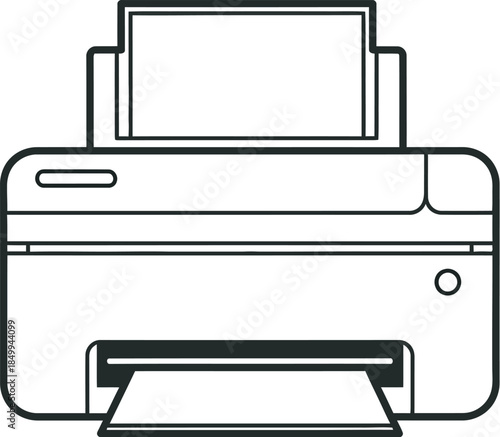 Modern printer machine with paper tray and sleek design in black and white color scheme for office or home use