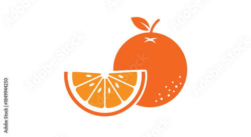 Whole orange fruit with a leaf and a juicy slice next to it represented as a bright orange flat icon or symbol.